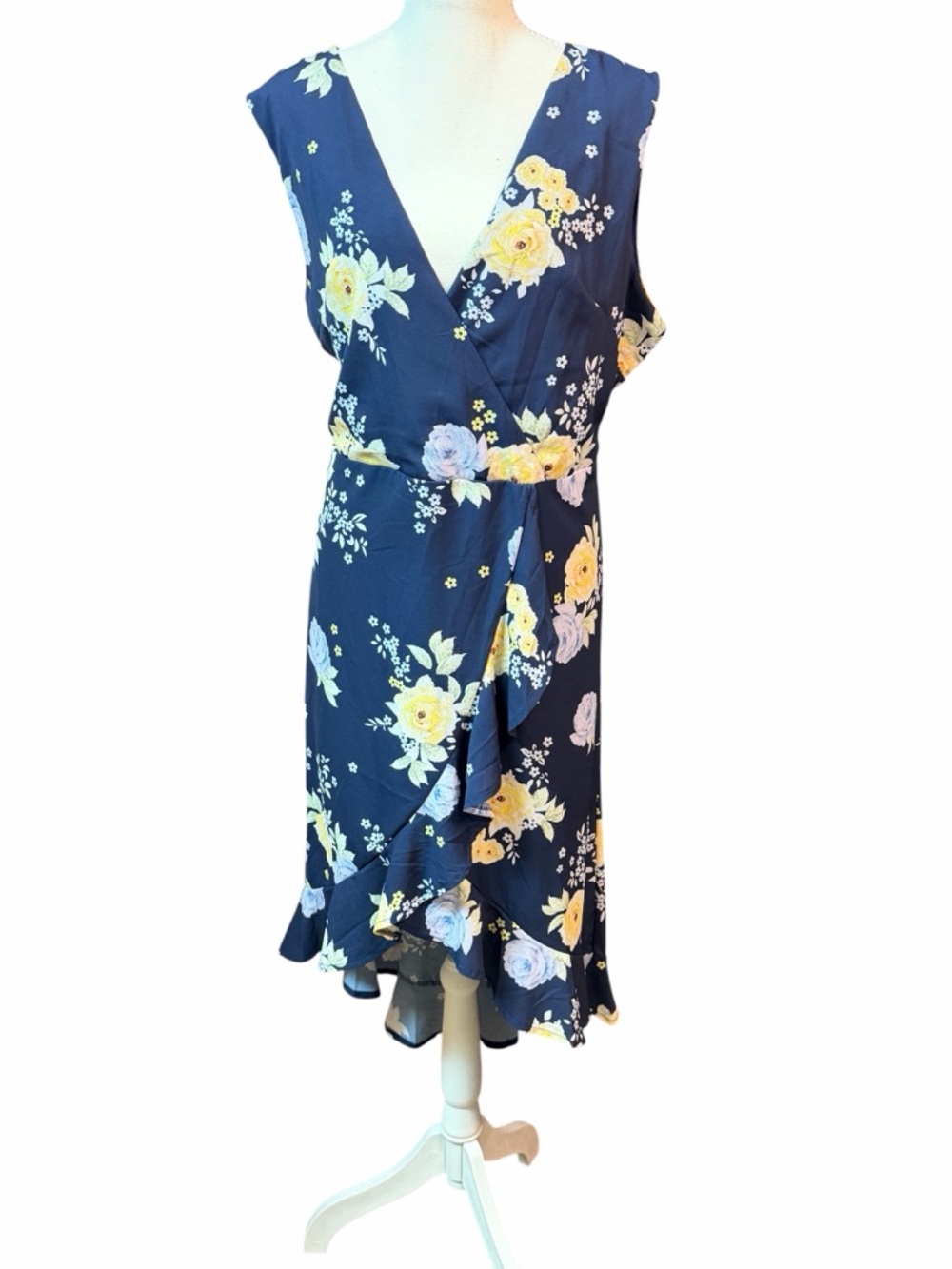 Old Money Cottagecore Floral Wrap Dress Nextima Navy Ruffle Hem Size 18